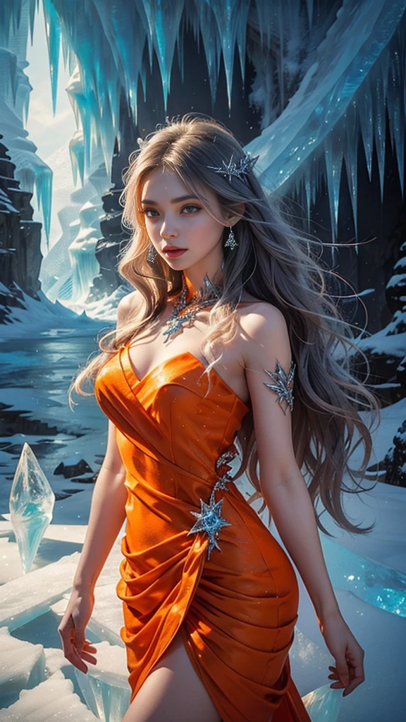 a beautiful ice goddess, good face, happy face, very long hair, realistic eyes, small breasts, ice magician, ice elemental, intricate design and details, chilling mist, cold, blizzard storm, conjuring ice spell, casting ice spell, detailed dress, (orange dress:1.5), realistic ice effect, ((ice:1.5)), snow particles, dark fantasy art style, ruined city, dramatic lighting, cinematic, nude full body 