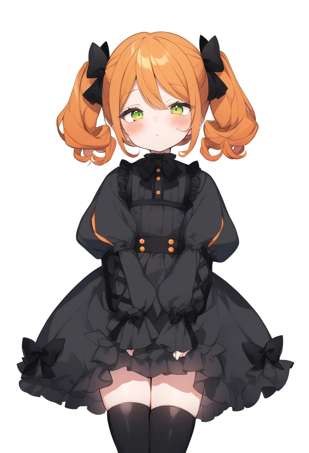 Cute girl, bright orange and dark black, thigh-high socks, gothic style, small bust, witch's clothes, simple background, front view, cowboy shot, standing, {{{{blushing}}}}, expressionless, {{****}}, orange hair, yellow-green eyes