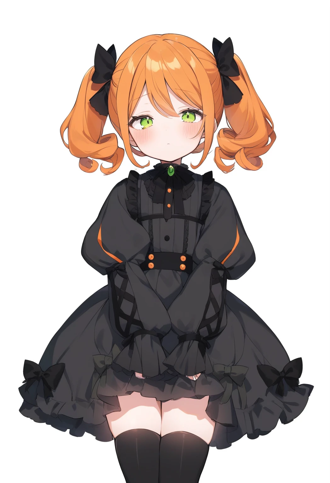 Cute girl, bright orange and dark black, thigh-high socks, gothic style, small bust, witch's clothes, simple background, front view, cowboy shot, standing, {{{{blushing}}}}, expressionless, {{****}}, orange hair, yellow-green eyes