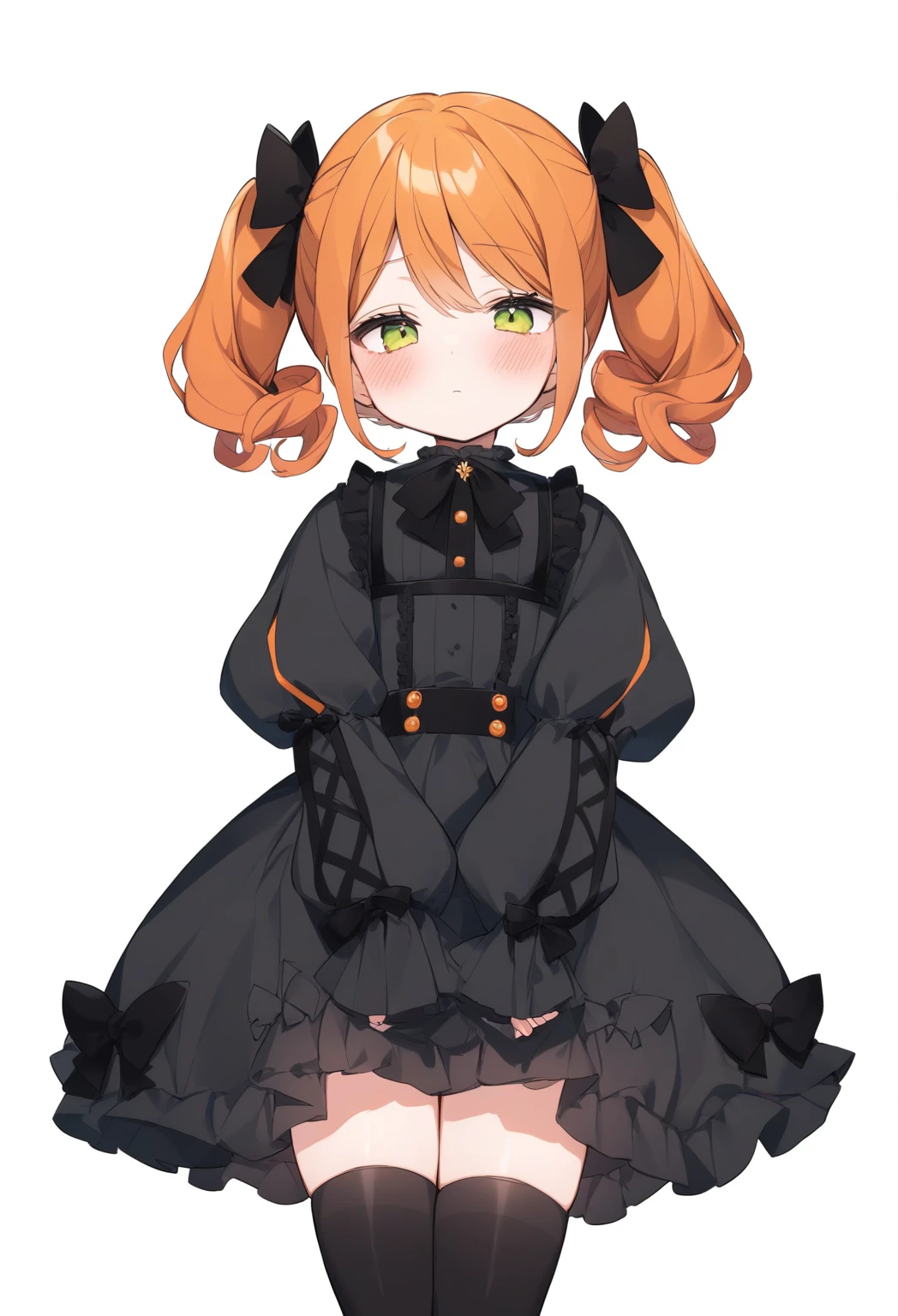 Cute girl, bright orange and dark black, thigh-high socks, gothic style, small bust, witch's clothes, simple background, front view, cowboy shot, standing, {{{{blushing}}}}, expressionless, {{****}}, orange hair, yellow-green eyes