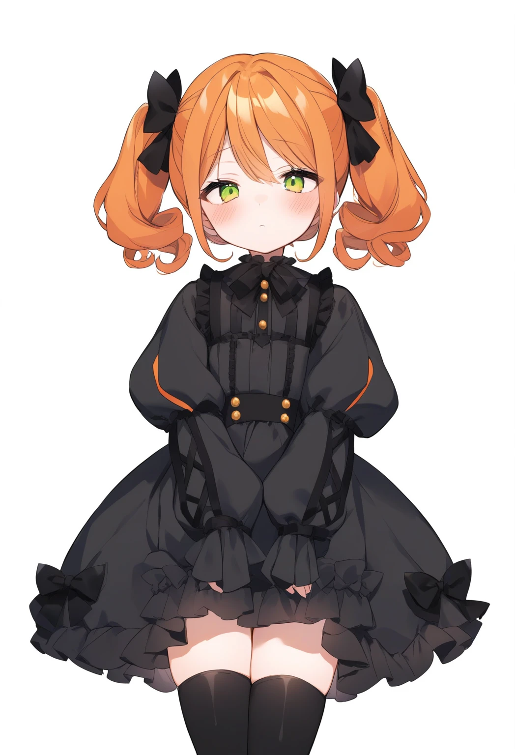 Cute girl, bright orange and dark black, thigh-high socks, gothic style, small bust, witch's clothes, simple background, front view, cowboy shot, standing, {{{{blushing}}}}, expressionless, {{****}}, orange hair, yellow-green eyes