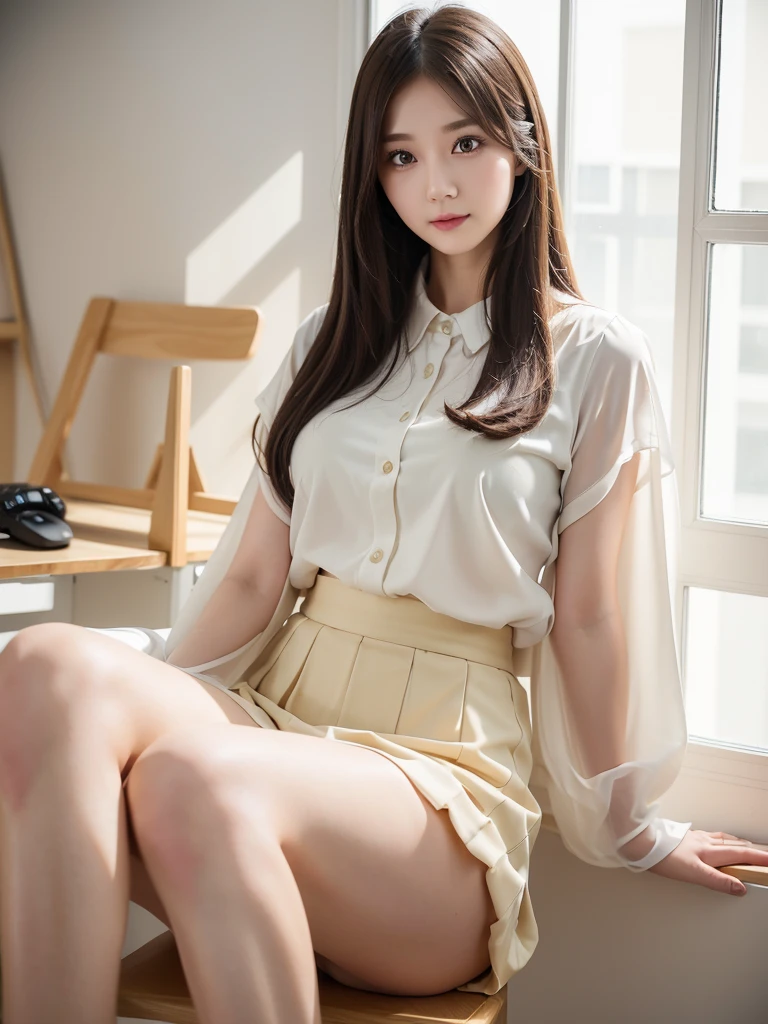 White Office、computer、Mid-length beige polyester skirt 、Chiffon blouse、(Highest quality)、((Very detailed))、4K、(8K)、masterpiece、Very detailedな、Highest quality、Super Resolution、1 person、Kind Face、Soft Light、RAW quality、Soft Skin、163cm、30 years old、From the knee up