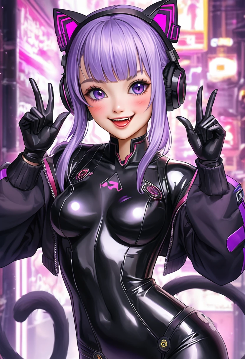 A cyberpunk-style girl of about  is standing in front of me.。Purple bob hair、Wearing cat ear headphones、Her black pilot suit-style outfit accentuates her figure.。With a proud smile、There is something cute about that expression, like a cat.。Her presence is overwhelming.、A background of the lights and shadows of a future city、She looks like the protagonist of a story.。The saturation is high、The screen is dark、Purple and blue are the main colors。