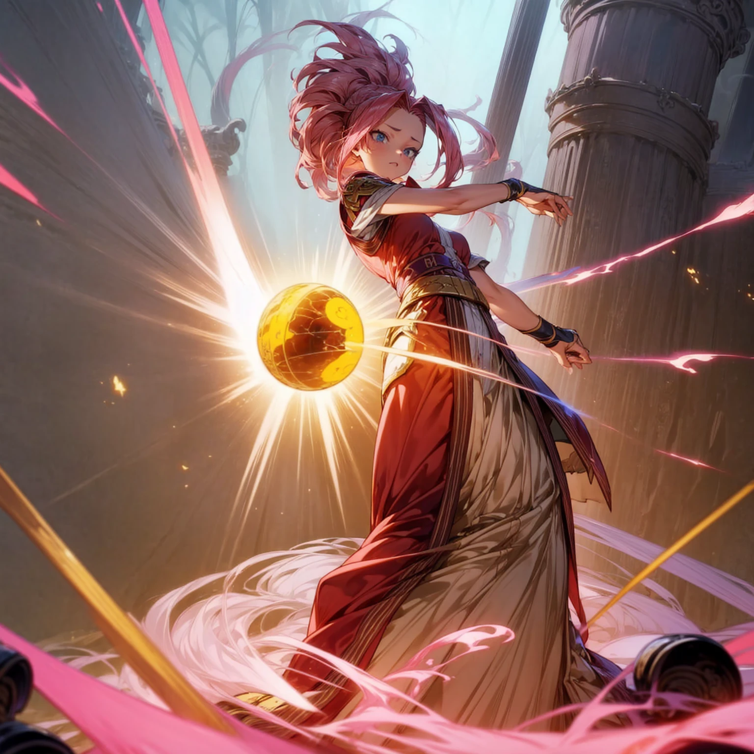 1girl, Full body version, 1character, blue eyes, long Curly haircut, pink colour hair, ancient roman style clothing, red colour clothing, Grassroots, background in field Castle, motion blur, (Hunter x Hunter style), aura effect, lighting aura, smoke effect, lighting sun, sun, plasma effect, smoke effect, fire, golden fireball,