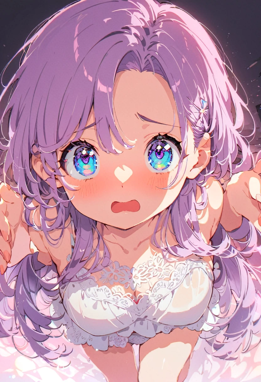 tomorrow, A friend of mine,(Perfect Face, Detailed face, Beautiful Eyes,Perfect hands,Perfect Fingers)、Red face、((vapor))、hot、Maternal, feet, alone, 1 girl,Beautiful light purple hair,Long Hair, Lace fabric dress、Big eyes, Blushed、Emotional facial expressions、 (masterpiece:1.2, Highest quality), (細かくてBeautiful Eyes: 1.2), (Beautiful and dense face), (Sharp facial hair between the eyes)、Underwear is visible、, grinding, Transparent panties、Large Breasts、Neon lighting、look up