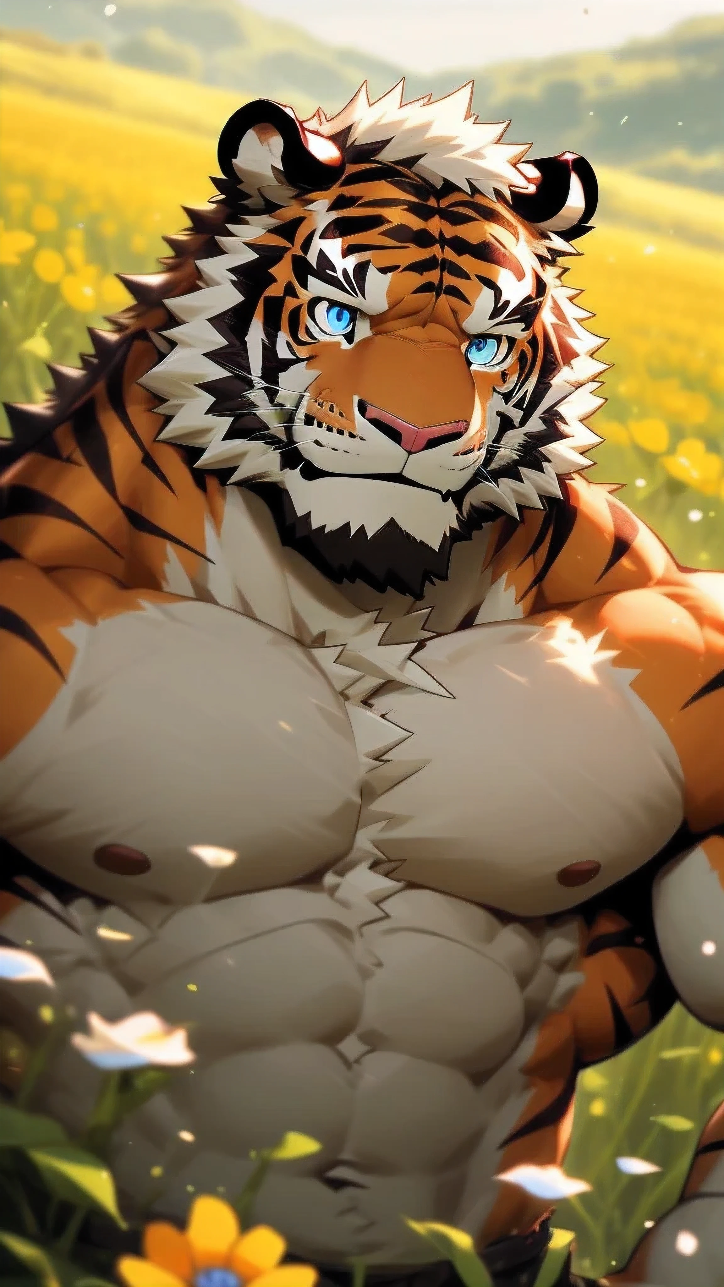 Solitary, anthropology, hairy, hairy male, Tiger, ((Fluffy fur, Fluffy, hairy body)), (Tiger印), (short beard), youth, muscular, White, Big muscles, Golden pupils, de-tailed teeth, defaced face, Fundos, Pectoralis major, White shorts, small lump, pink tit clusters, Soak in natural hot springs, Partially submerged, One hand raised to touch the head, Shy expression, A faint smile, blush, Golden pupils, (Look up at the audience), Clear facial features, Strong, (Side top view:1.4), majestic, solitary, Full body image, Fog atmosphere, Sweating legs, In the valley,  wild plants,  (through empty ghost, From tiger26, masterpiece, high quality, high resolution,8k), permanent, Full body portrait, outdoor