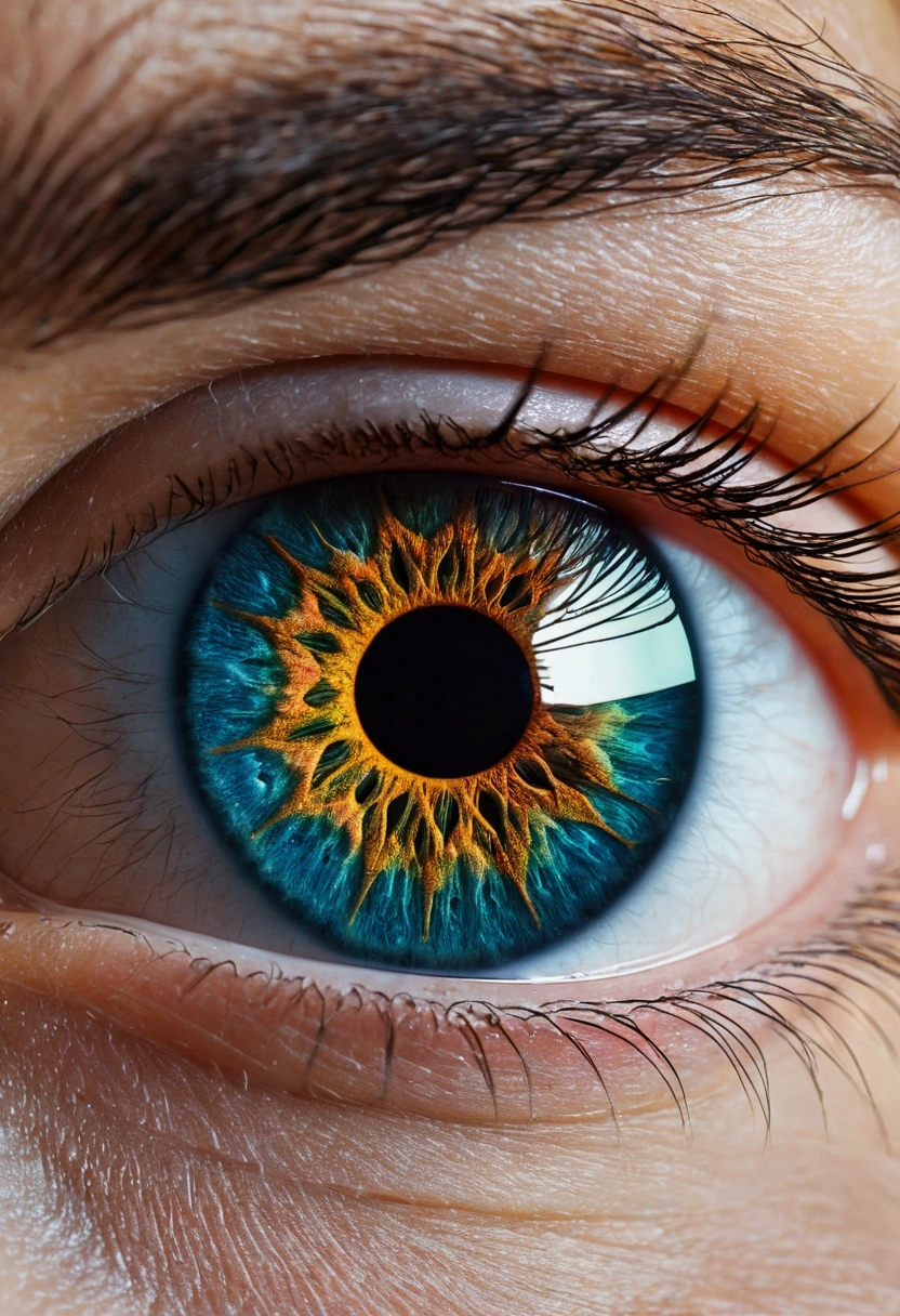 A laser beam shoots out of the pupil,refraction,Macro super realism,The retinal structure is clear,Psychedelic Rock