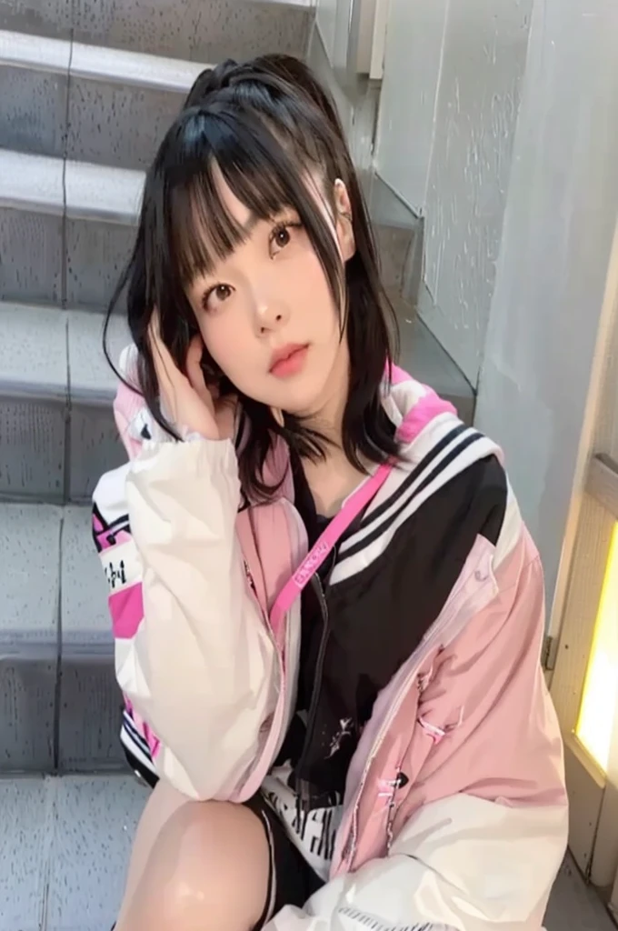 A girl in her fifties wearing a pink jacket and black shorts sitting on the stairs, Ishida Sui with black hair, shikamimi, Chiho, junko enoshima, Real life anime girls, Shirahime cut hairstyle, sakimi chan, 🚿🗝📝, sakimichan, nekomimi, Young Gravure Idol, Kotegawa Yui