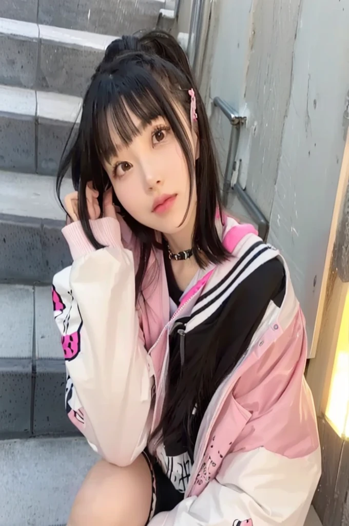 A girl in her fifties wearing a pink jacket and black shorts sitting on the stairs, Ishida Sui with black hair, shikamimi, Chiho, junko enoshima, Real life anime girls, Shirahime cut hairstyle, sakimi chan, 🚿🗝📝, sakimichan, nekomimi, Young Gravure Idol, Kotegawa Yui