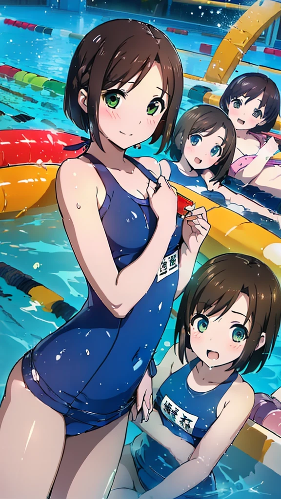 Highest quality、High resolution、Detailed Background、(Beautiful face in every detail:1.4)、Anatomically correct、(Detailed facial expressions)、(fine grain:1.2)、8-year-old beauty、cuteカラーの髪色、Braided Ponytail、Braided bob cut、Braided twin tails、Navy School Swimsuit、(Flat Chest)、Perfect body line、Thick thighs、Please show me your whole body、
(Five beautiful girls in school swimsuits having fun in the school pool:1.5)、
Big smile、Laughing with your mouth open、My whole body is wet、My hair is wet too、Fun atmosphere、Embrace each other、cute仕草、cute