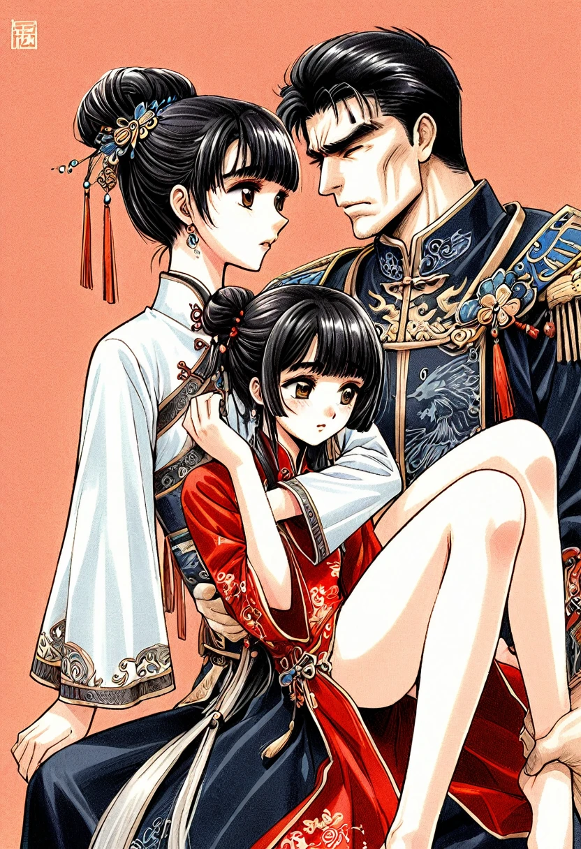 Period drama manga style　A -yeld su beautiful Chinese girl with black hair in a bun cut(1 person)　She is wearing a royal long-sleeved Chinese dress　She is hugged by the perverted old emperor and forced to deep kiss him, causing him to cry.　She exposes her nipples and gets fucked by The Body Builder　She puts her arms around his neck　She wraps her legs around his body