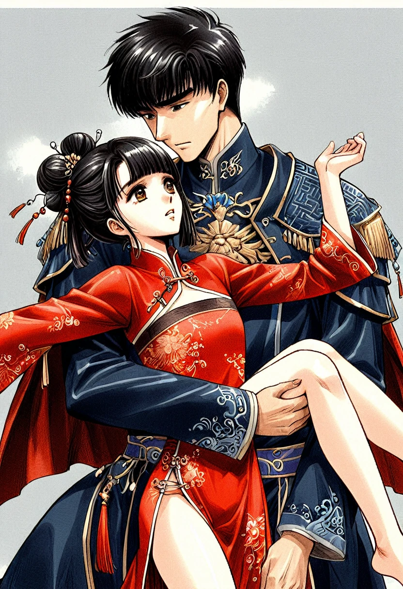 Period drama manga style　A -yeld su beautiful Chinese girl with black hair in a bun cut(1 person)　She is wearing a royal long-sleeved Chinese dress　She is hugged by the perverted old emperor and forced to deep kiss him, causing him to cry.　She exposes her nipples and gets fucked by The Body Builder　She puts her arms around his neck　She wraps her legs around his body