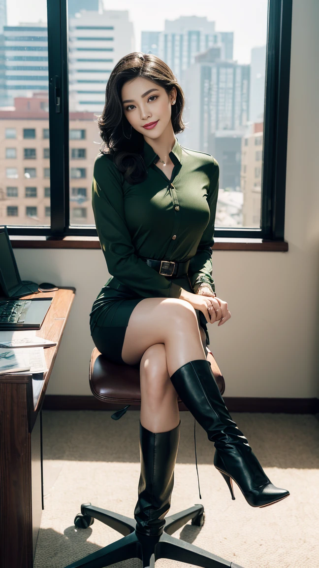 (Full body portrait), in the office, a Chinese beauty in uniform, (Retro finger waves),finger waves, perfect face, smirk, lipstick, red lips, well toned ass,Deep olive green tight fitting wool jacket, a brown-green shirt,wearing (Black uniform tie),Deep Olive Green Wool Pencil Skirt, (Black high heeled knee high boots),(handing male colleague an envelope),(male colleague sitting on the office chair), smiling, blushing, bright eyes, 1 girl, 1 boy, full body standing, seductive smile, male colleague, office, desk, chair (night, bright lights), Best quality, masterpiece, ultra-high res, (photosensitive: 1.4), 8k Portrait of beautiful, enriched, elegant, highly detailed, Majestic, digital photography, art by artist and run jia and greg rutkowski, (masterpiece, sidelighting, finely detailed beautiful eyes: 1.2), hdr, detailed background,