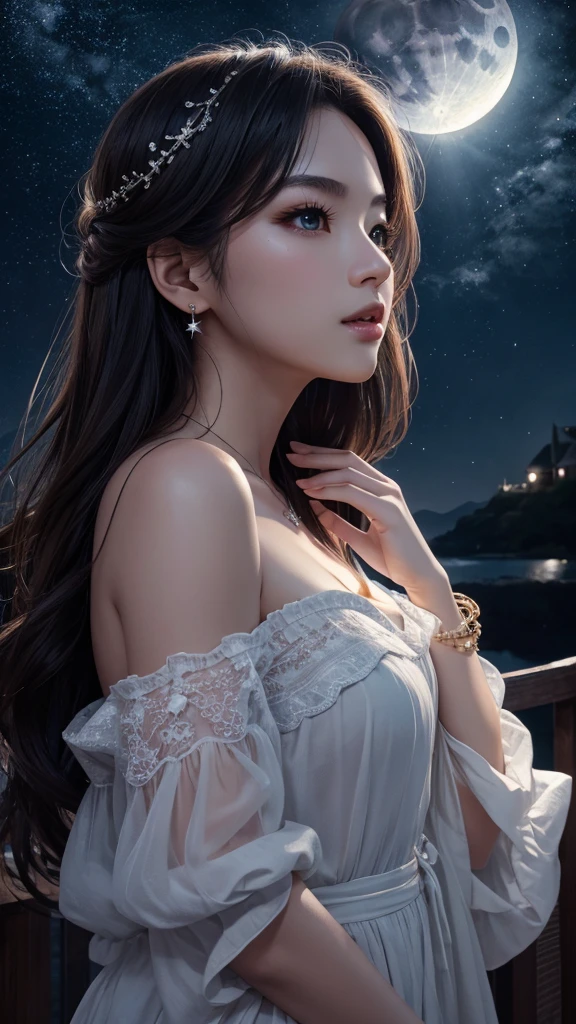 8K、High resolution、Realistic、moonlight、Starry Sky、full moon、Beautiful woman asking for a kiss