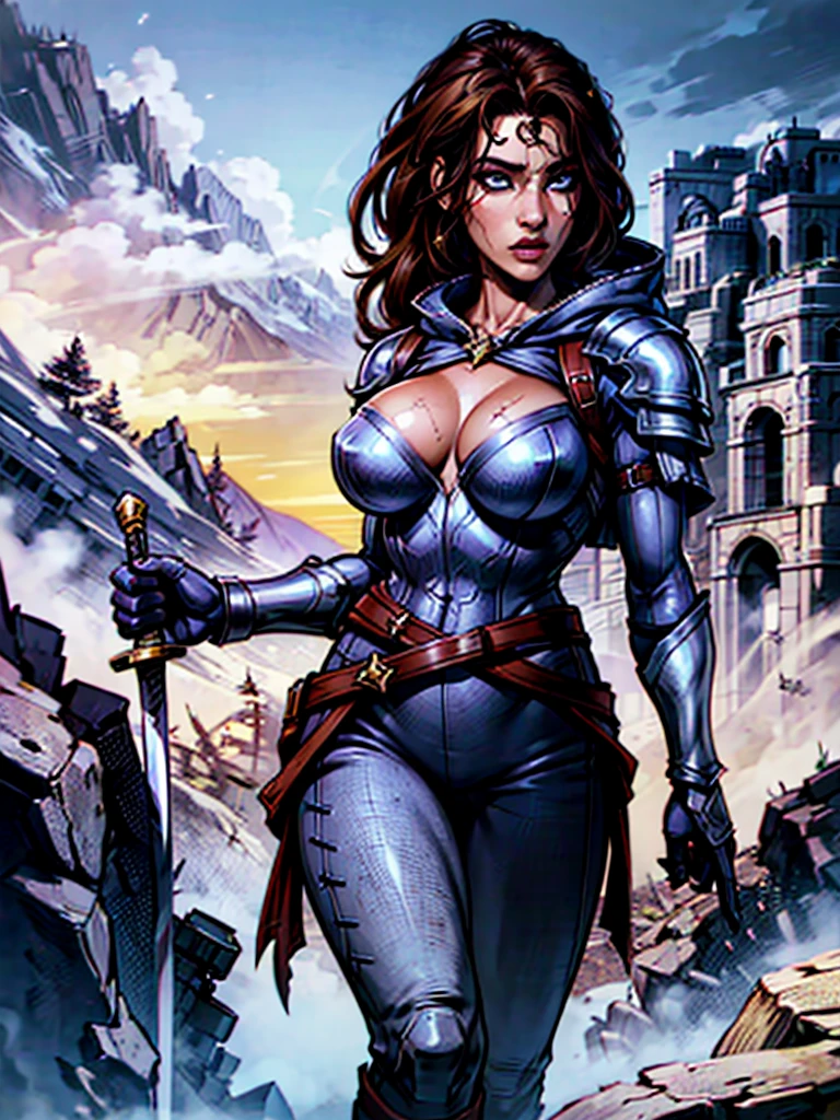 8K,Female adventurer from another world,Super beautiful(like the real thing),Adult woman in leather armor,brown hair,blue eyes,A long, large sword hangs from his waist,Brown combat trousers,dagger on waist,Walking in mountainous areas,perfect face,Perfect hand shape,Charm,Volume measurement,Body balance,超High resolution,super realistic skin,Digital single-lens reflex camera, soft lighting, high quality, highly detailed face, highly detailed eyes, highly detailed skin, skin, Scattered beneath the surface, highly detailed face, highly detailed eyes, beautiful expression, lip whole, detailed background, Depth of the bounds written, big breasts、volume lighting, sharp focus, absurd, realistic proportions, excellent anatomy, (realistic, 超realistic:1.4), 16K HDR, dawn,big breasts,High resolution,super realistic skin,super beautiful expression,fantasy art,character art,dynamic pose,Makeup,brown cloak,Carrying large luggage on your back,
sultry look, seductive,