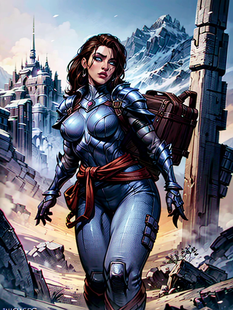 8K,Female adventurer from another world,Super beautiful(like the real thing),Adult woman in leather armor,brown hair,blue eyes,A long, large sword hangs from his waist,Brown combat trousers,dagger on waist,Walking in mountainous areas,perfect face,Perfect hand shape,Charm,Volume measurement,Body balance,超High resolution,super realistic skin,Digital single-lens reflex camera, soft lighting, high quality, highly detailed face, highly detailed eyes, highly detailed skin, skin, Scattered beneath the surface, highly detailed face, highly detailed eyes, beautiful expression, lip whole, detailed background, Depth of the bounds written, big breasts、volume lighting, sharp focus, absurd, realistic proportions, excellent ???????, (realistic, 超realistic:1.4), 16K HDR, dawn,big breasts,High resolution,super realistic skin,super beautiful expression,fantasy art,character art,dynamic pose,Makeup,brown cloak,Carrying large luggage on your back,
   sultry look, seductive,
