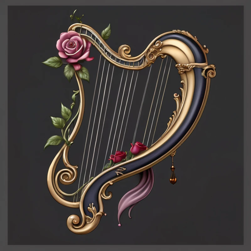 a close up of a harp with a rose on it, harp, Gorgeous and flowing, with an harp, (Fantasy Violin), Fantasy Violin, Gorgeous and elegant, Baroque Figures, very Gorgeous, very decorative, decorative, elegant and Gorgeous, Gorgeously detailed, High resolution commissions, exquisitely Gorgeous, Gorgeous, highly Gorgeous, Musical Instruments