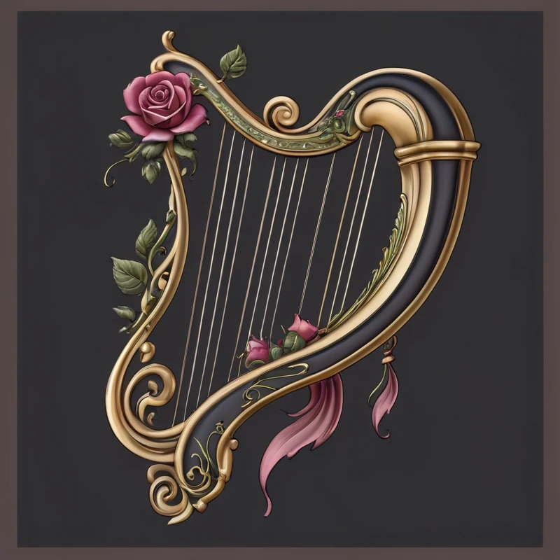 a close up of a harp with a rose on it, harp, Gorgeous and flowing, with an harp, (Fantasy Violin), Fantasy Violin, Gorgeous and elegant, Baroque Figures, very Gorgeous, very decorative, decorative, elegant and Gorgeous, Gorgeously detailed, High resolution commissions, exquisitely Gorgeous, Gorgeous, highly Gorgeous, Musical Instruments
