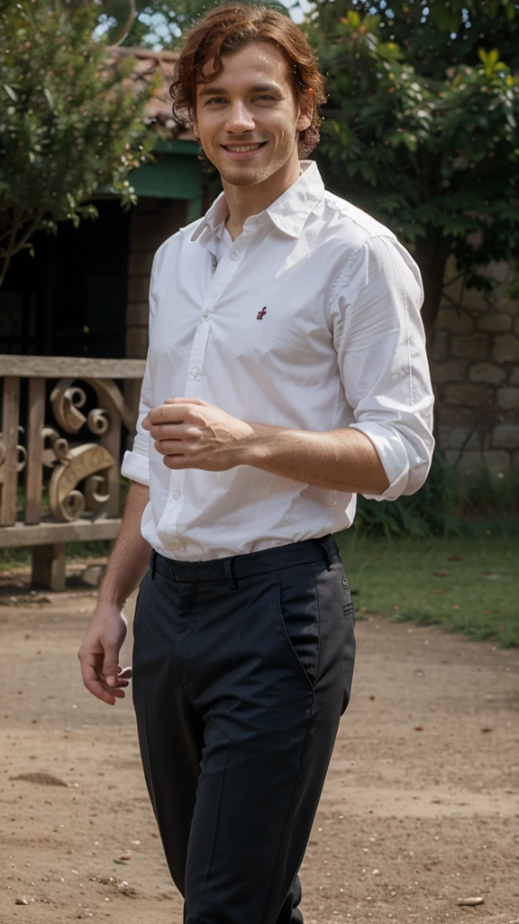 france man, red curly hair, walking in the zoo, wearing shirt and trousers, smile, view in the zoo with animals