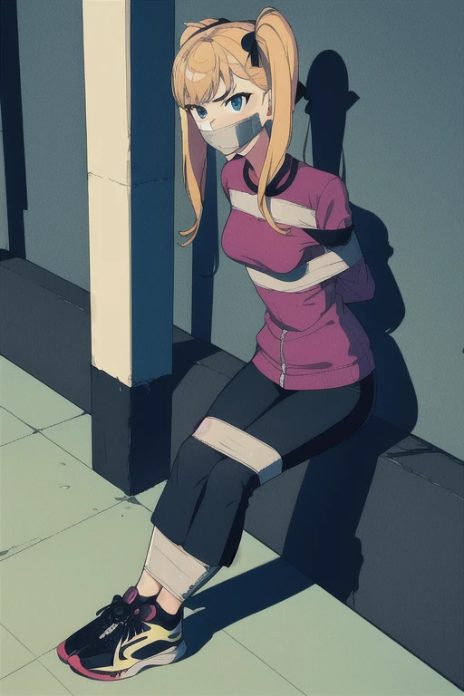 ((1 girl)), ((twin tails)), bound, (arms behind back:1.4), ((simple_background)), ((concrete floor, concrete wall)), ((dark empty room)), tied hands, tied ankles, ((arms behind back)), ((((arms behind back)))), ((scowl)), ((sitting on the knees)), ((mouth close)), ((mouth gagged)), ((tape gag)), bdsm, tape gag, ((helpless)), (tights pants, long black pants, sports shoes)