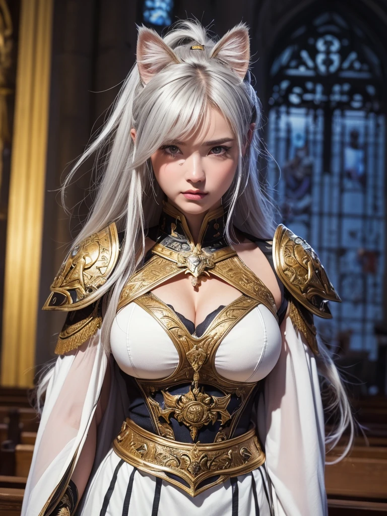 (8K, Highest quality:1.2)、masterpiece, Beautiful Female Warrior, (Attractive American Model),(( Gold and white clothes))、(((Cat ear)))、(( Mature Female Warrior)), ((Armor with great attention to detail)), (Strong muscular body),(Powerful arms)、 (bright silver hair), Braiding、Disheveled Hair、((Delicate embroidery))、 High resolution, (Skin Texture:1.1), Highest quality, 超High resolution, (Realistic: 1.4), RAW Photos, Nikon D850 film stock photos, 1 1 1.6 Lenses, Rich colors, Bokeh, Sharp focus, Realistic, Cinestill 800, Backlight, Rim Light, Strong sunlight, Realistic, Realistic Shadow, 3d, (Church Background:1.2),Hair blowing in the wind、whole body、(((Ancient fantasy female warrior))),Combat Accessories,breastplate、((Sleek mini skirt))、Voluminous lips、(((Big Breasts)))、((Large Breasts))、Cleavage、((Perfect Face))、Big eyes、Delicate eyes、Powerful gaze、Body-fitting armor、looking at the camera、belt、Armor with intricate patterns、Upper Body、Delicate hands、Robe(masterpiece:1.2), (Highest quality:1.2), Perfect Eyes, Perfect Face, Volumetric lighting, One Mature Woman,(( Mature Female Warrior))、Holding a long sword、commander、ガーターbelt