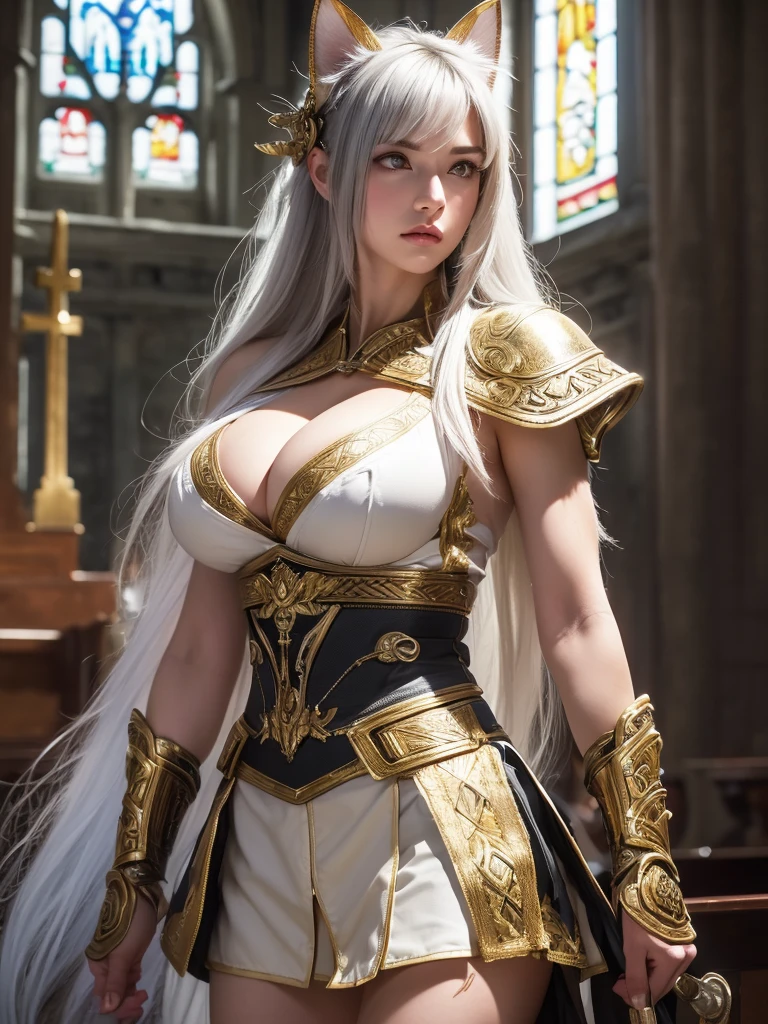 (8K, Highest quality:1.2)、masterpiece, Beautiful Female Warrior, (Attractive American Model),(( Gold and white clothes))、(((Cat ear)))、(( Mature Female Warrior)), ((Armor with great attention to detail)), (Strong muscular body),(Powerful arms)、 (bright silver hair), Braiding、Disheveled Hair、((Delicate embroidery))、 High resolution, (Skin Texture:1.1), Highest quality, 超High resolution, (Realistic: 1.4), RAW Photos, Nikon D850 film stock photos, 1 1 1.6 Lenses, Rich colors, Bokeh, Sharp focus, Realistic, Cinestill 800, Backlight, Rim Light, Strong sunlight, Realistic, Realistic Shadow, 3d, (Church Background:1.2),Hair blowing in the wind、whole body、(((Ancient fantasy female warrior))),Combat Accessories,breastplate、((Sleek mini skirt))、Voluminous lips、(((Big Breasts)))、((Large Breasts))、Cleavage、((Perfect Face))、Big eyes、Delicate eyes、Powerful gaze、Body-fitting armor、looking at the camera、belt、Armor with intricate patterns、Upper Body、Delicate hands、Robe(masterpiece:1.2), (Highest quality:1.2), Perfect Eyes, Perfect Face, Volumetric lighting, One Mature Woman,(( Mature Female Warrior))、Holding a long sword、commander、ガーターbelt