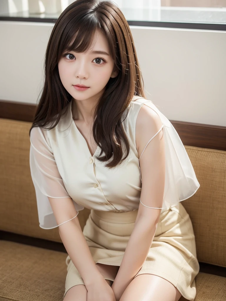 White Office、computer、Mid-length beige polyester skirt 、Chiffon blouse、(Highest quality)、((Very detailed))、4K、(8K)、masterpiece、Very detailedな、Highest quality、Super Resolution、1 person、Kind Face、Soft Light、RAW quality、Soft Skin、163cm、30 years old、From the knee up