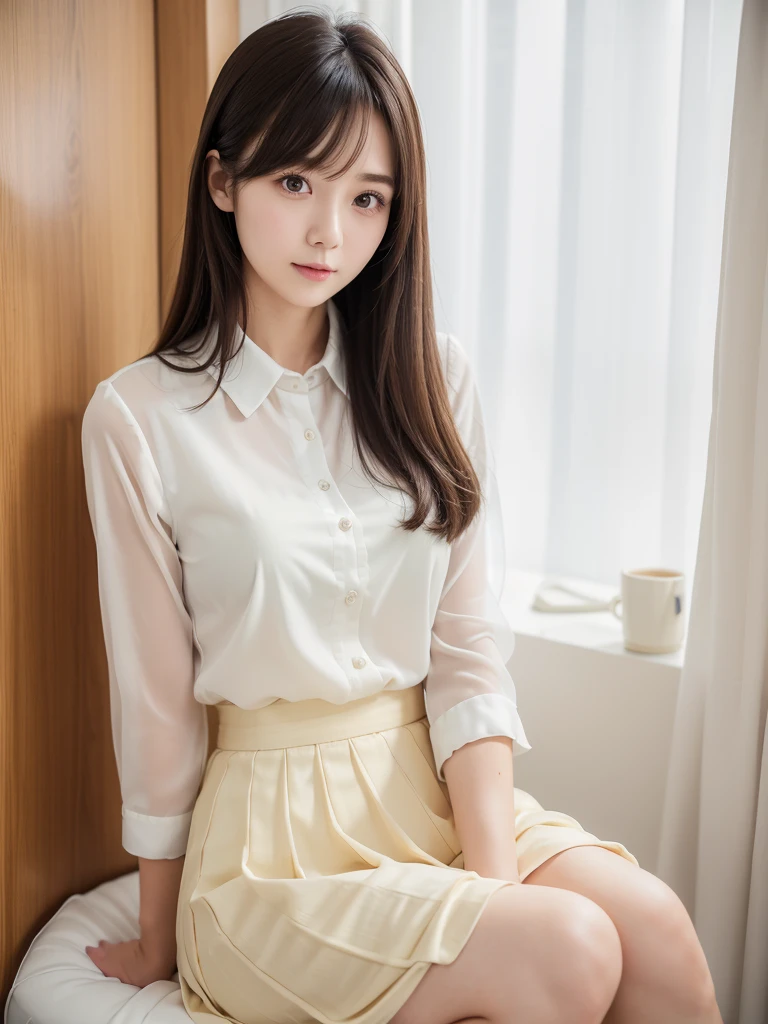 White Office、computer、Mid-length beige polyester skirt 、Chiffon blouse、(Highest quality)、((Very detailed))、4K、(8K)、masterpiece、Very detailedな、Highest quality、Super Resolution、1 person、Kind Face、Soft Light、RAW quality、Soft Skin、163cm、30 years old、From the knee up