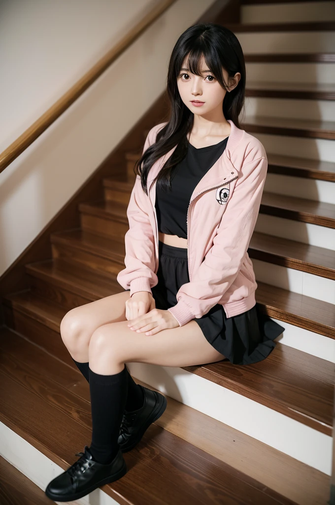 A girl in her fifties wearing a pink jacket and black shorts sitting on the stairs, Ishida Sui with black hair, shikamimi, Chiho, junko enoshima, Real life anime girls, Shirahime cut hairstyle, sakimi chan, 🚿🗝📝, sakimichan, nekomimi, Young Gravure Idol, Kotegawa Yui