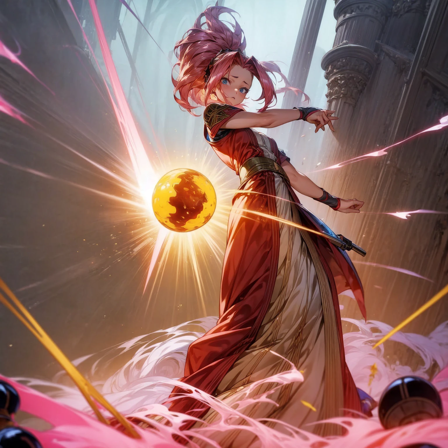 1girl, Full body version, 1character, blue eyes, long Curly haircut, pink colour hair, ancient roman style clothing, red colour clothing, Grassroots, background in field Castle, motion blur, (Hunter x Hunter style), aura effect, lighting aura, smoke effect, lighting sun, sun, plasma effect, smoke effect, fire, golden fireball,
