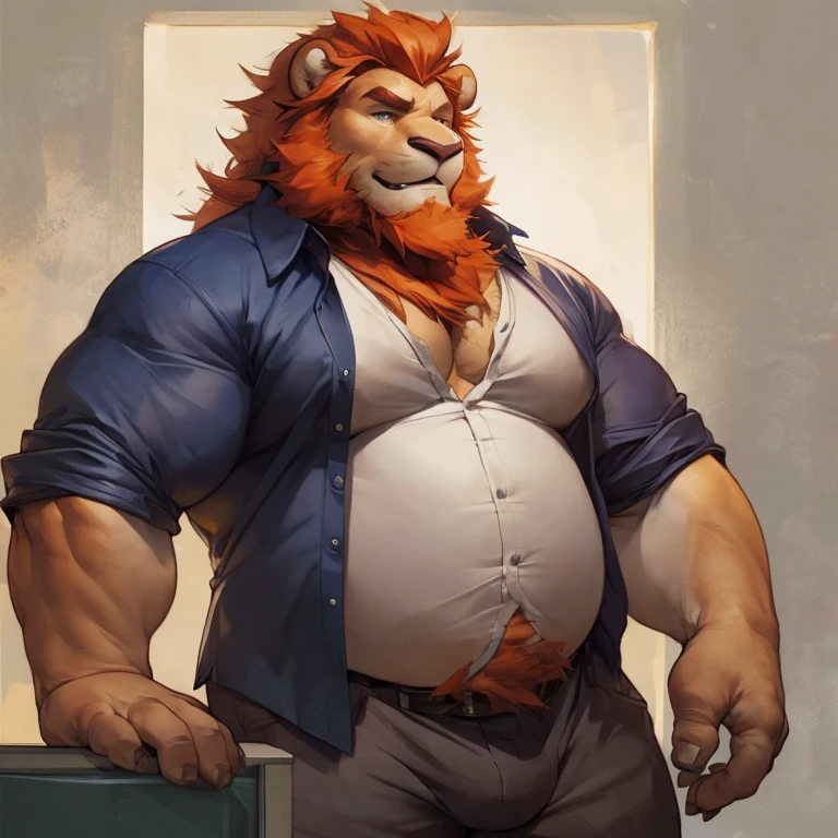 Chubby, Semi Muscular , male middle aged, anthro lion, thin beard, flirting , big chest, dynamic light, opened Shirt, thick shirt ,Orange hair and beard, extremely hot and sexy, Daddy figure, hot daddy, boss, by darkgem, by zixiong, by glitter trap boy
