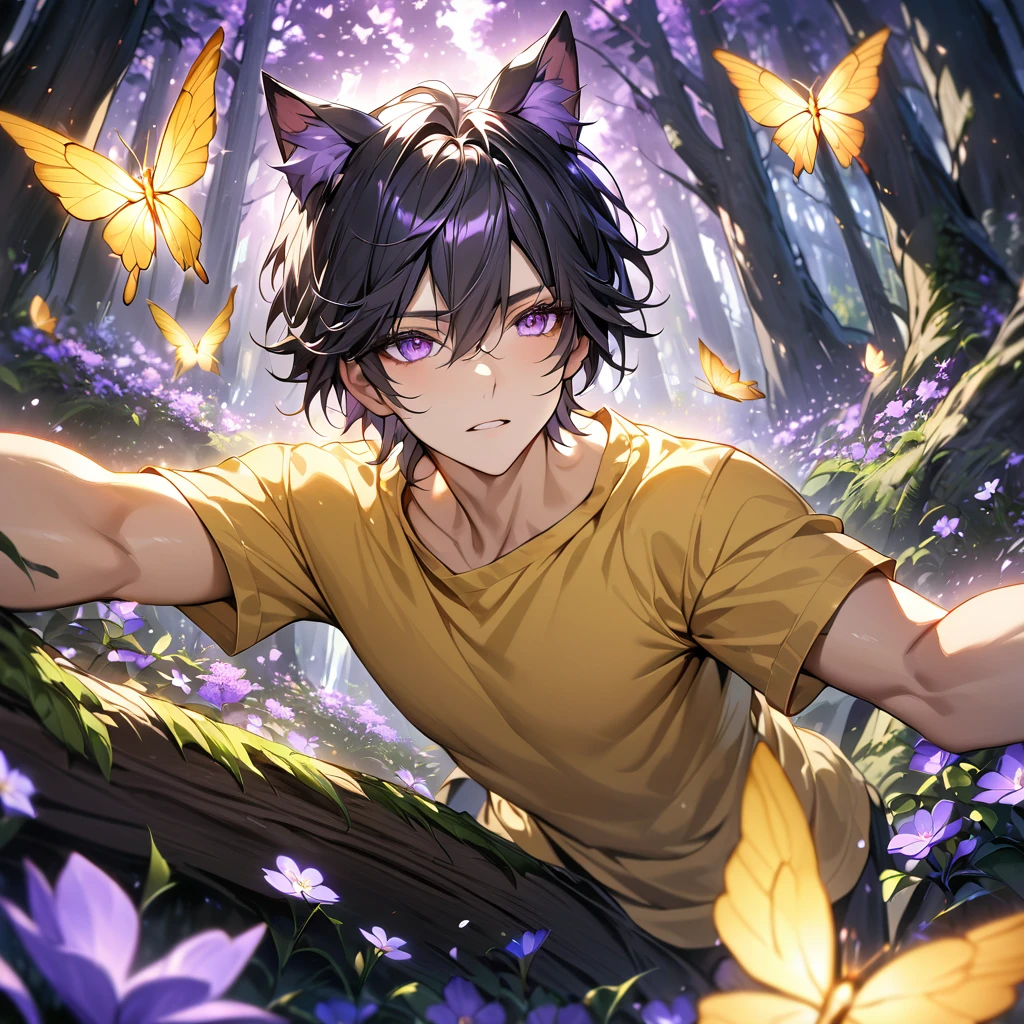 Boy with yellow tshirt, cat ears, forest,purple dark light, absurdres, highres, ultra detailed, HDR, master piece, best quality, black hair, expressive purple eyes, magical, fantasy, shining, purple flowers, blossoms, yellow butterflies, medium shot