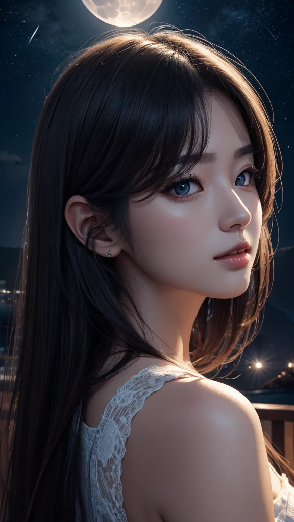 8K、High resolution、Realistic、moonlight、Starry Sky、full moon、Beautiful woman asking for a kiss