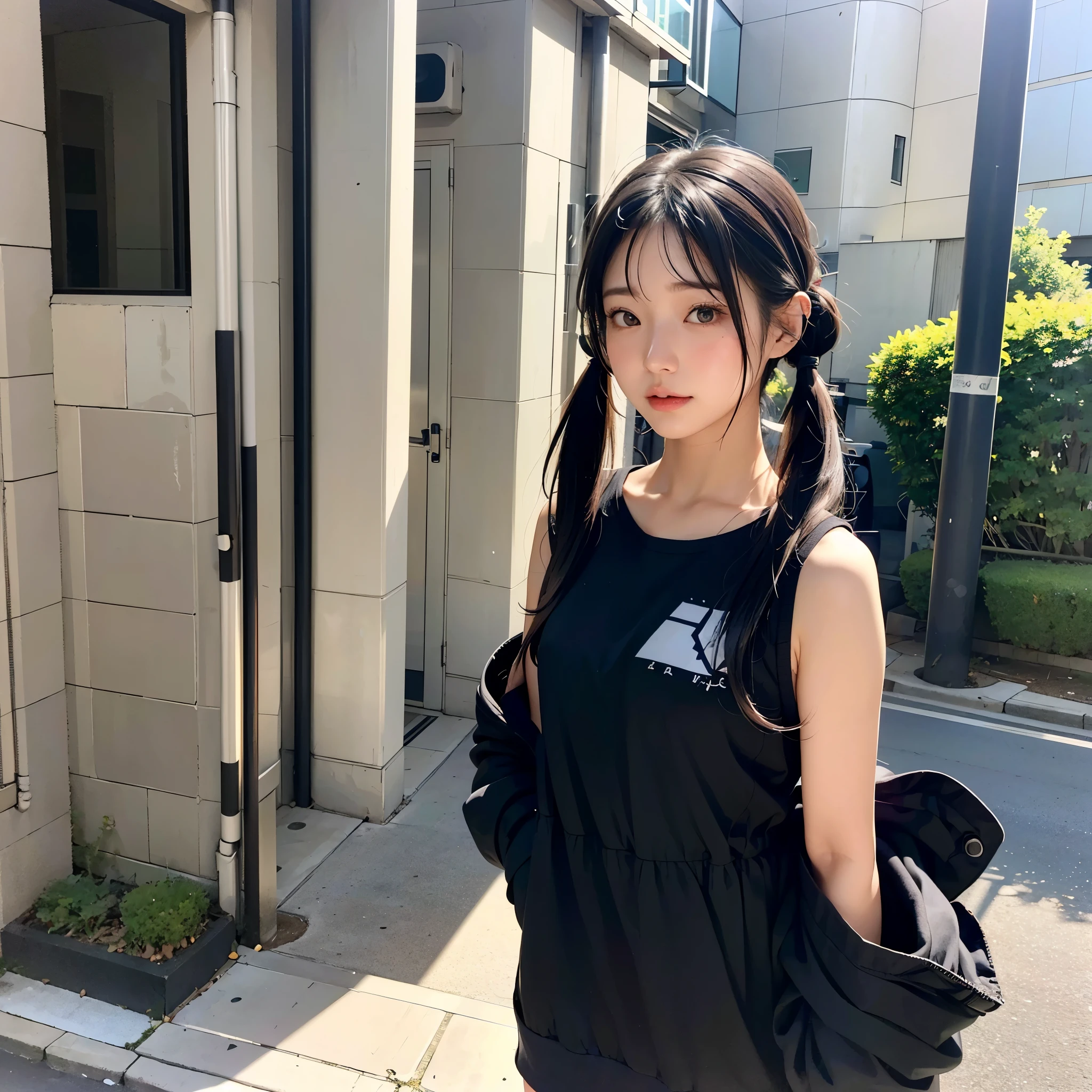 40-year-old Japanese woman、Black Hair、The hair is very short、Twin tails、High school girl cosplay、headphones、flat chest、Realistic photos、Realistic、8K quality、tall、No bangs、Street Snap、Close-up of face、Afterschool