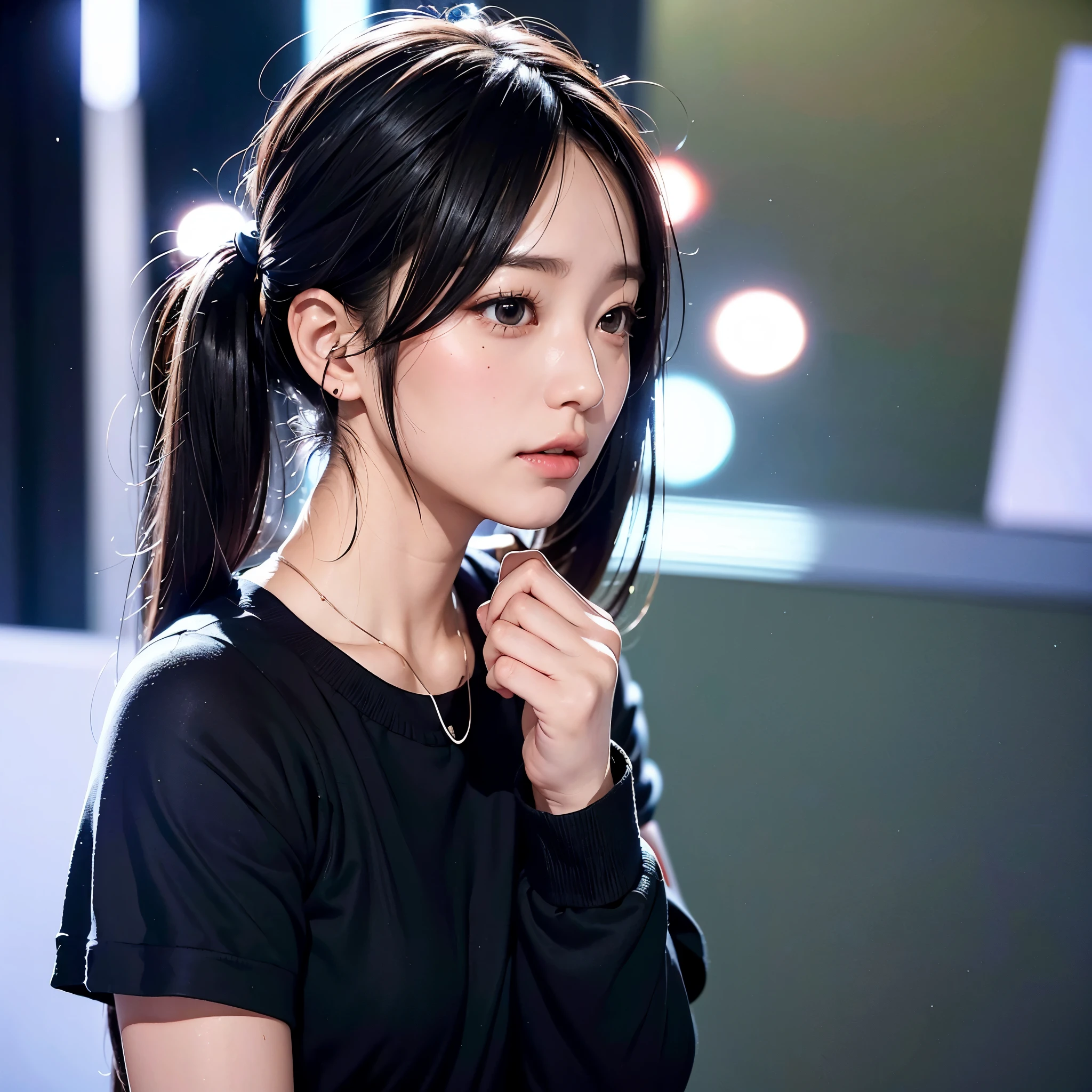 40-year-old Japanese woman、Black Hair、The hair is very short、Twin tails、Hatsune Miku's outfit、headphones、flat chest、Realistic photos、Realistic、8K quality、tall、No bangs、Live Performance Venues、Singing on a microphone、Close-up of face、Afterschool