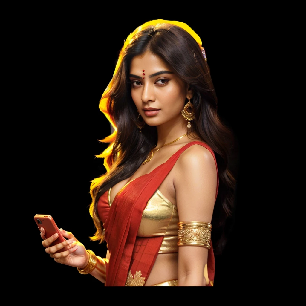 a close up of a woman in a red and gold sari holding a cell phone, portrait of modern darna, indian, goddess checking her phone, indian goddess, indian goddess of wealth, by Daryush Shokof, by Saurabh Jethani, in style of artgerm, by Max Dauthendey, indian super model, background artwork