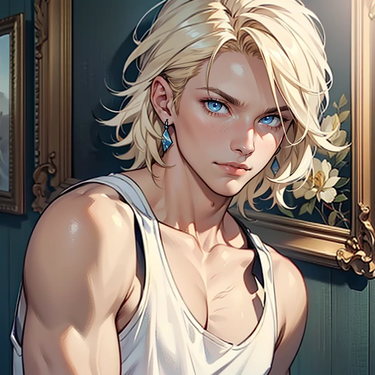 ((masterpiece)), (((best quality))), solo, 1 male, pale white skin, white-blonde hair, medium hair, straight hair, handsome young man, portrait, bright blue eyes, tall, tight jeans, tank top, simple earrings, highest quality, highly detailed, original, high resolution CG Unit 8k wallpaper, (best quality, artwork, masterpiece, 4k)