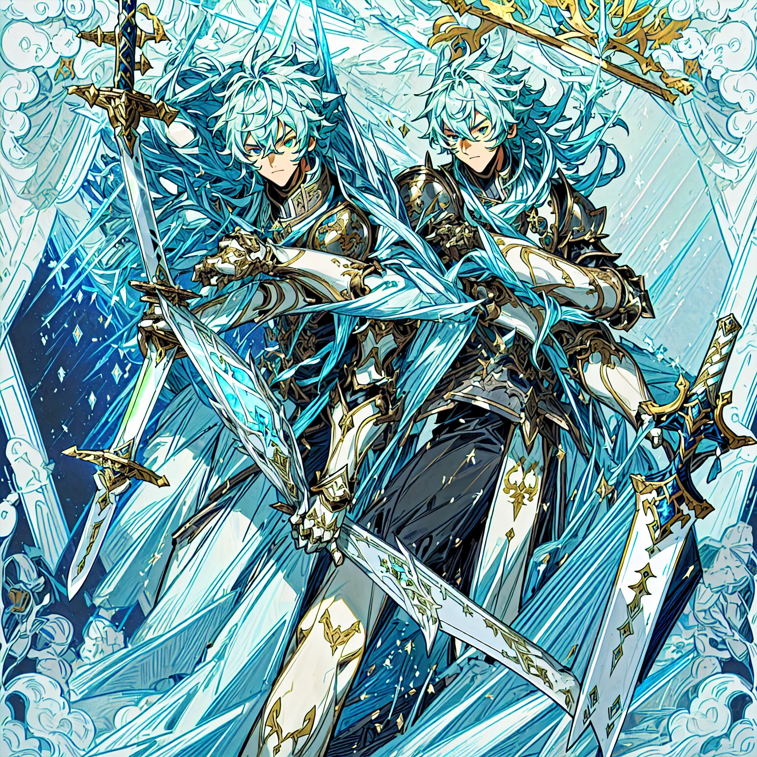 anime character with sword and armor in a rocky area, keqing from genshin impact, full portrait of magical knight, crisp clear rpg portrait, casimir art, a human male paladin, sliver ice color reflected armor, blue and ice silver color armor, young shadow mage male, handsome guy in demon slayer art, picture of an adult male warrior