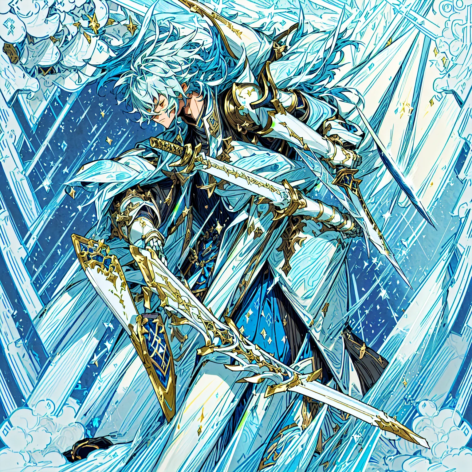 anime character with sword and armor in a rocky area, keqing from genshin impact, full portrait of magical knight, crisp clear rpg portrait, casimir art, a human male paladin, sliver ice color reflected armor, blue and ice silver color armor, young shadow mage male, handsome guy in demon slayer art, picture of an adult male warrior