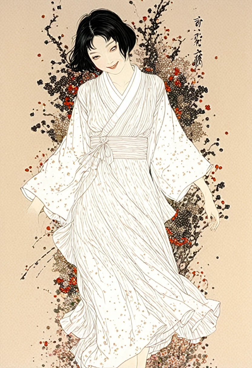 Line art、virgin、Splattered、Crazy Smile、Falling Flowers、takato yamamoto style、Traditional Japanese Patterns、Flower Art、White Dress