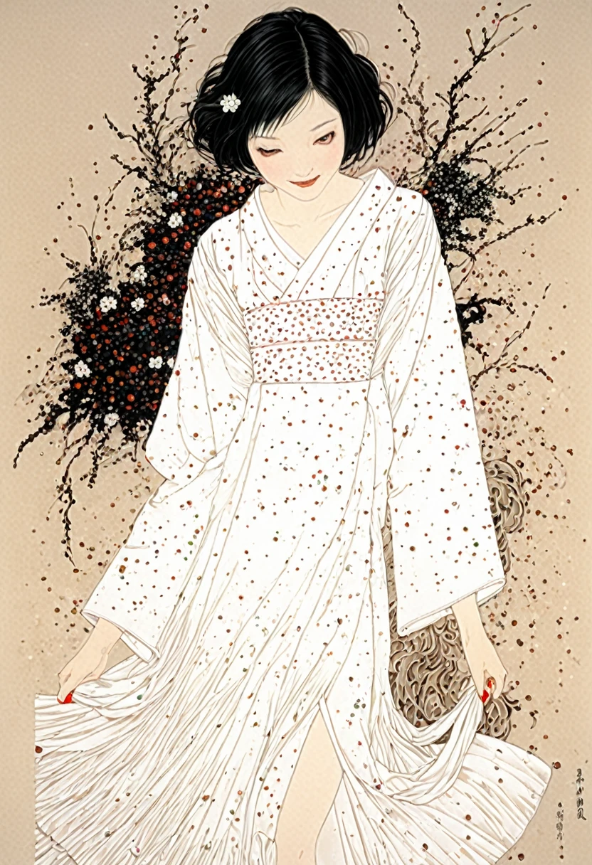 Line art、virgin、Splattered、Crazy Smile、Falling Flowers、takato yamamoto style、Traditional Japanese Patterns、Flower Art、White Dress