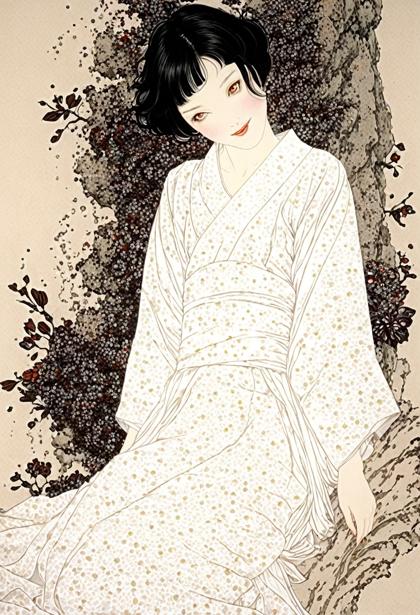 Line art、virgin、Splattered、Crazy Smile、Falling Flowers、takato yamamoto style、Traditional Japanese Patterns、Flower Art、White Dress