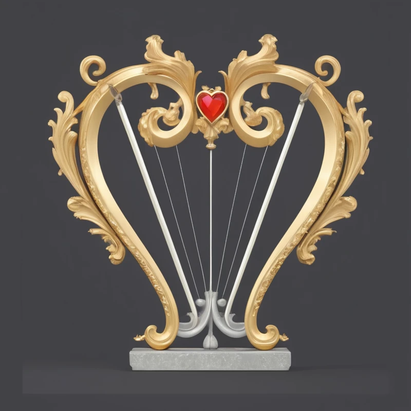 golden harp with a red heart on a gray background, harp, 3 d Gorgeous carved water heart, with an harp, Gorgeous and flowing, Baroque, Baroque elements, elegant and Gorgeous, Gorgeous and elegant, Baroque的物品, very Gorgeous, Baroque and Rococo decorations, Gorgeous, Musical Instruments, Baroque, Baroque细节