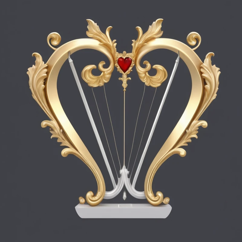 golden harp with a red heart on a gray background, harp, 3 d Gorgeous carved water heart, with an harp, Gorgeous and flowing, Baroque, Baroque elements, elegant and Gorgeous, Gorgeous and elegant, Baroque的物品, very Gorgeous, Baroque and Rococo decorations, Gorgeous, Musical Instruments, Baroque, Baroque细节