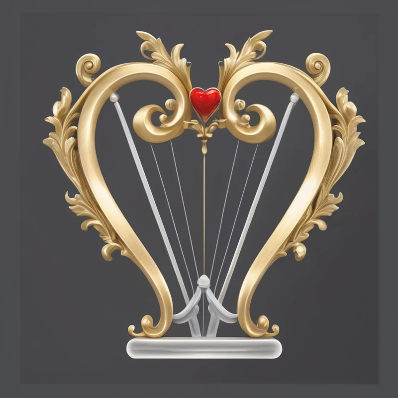 golden harp with a red heart on a gray background, harp, 3 d Gorgeous carved water heart, with an harp, Gorgeous and flowing, Baroque, Baroque elements, elegant and Gorgeous, Gorgeous and elegant, Baroque的物品, very Gorgeous, Baroque and Rococo decorations, Gorgeous, Musical Instruments, Baroque, Baroque细节