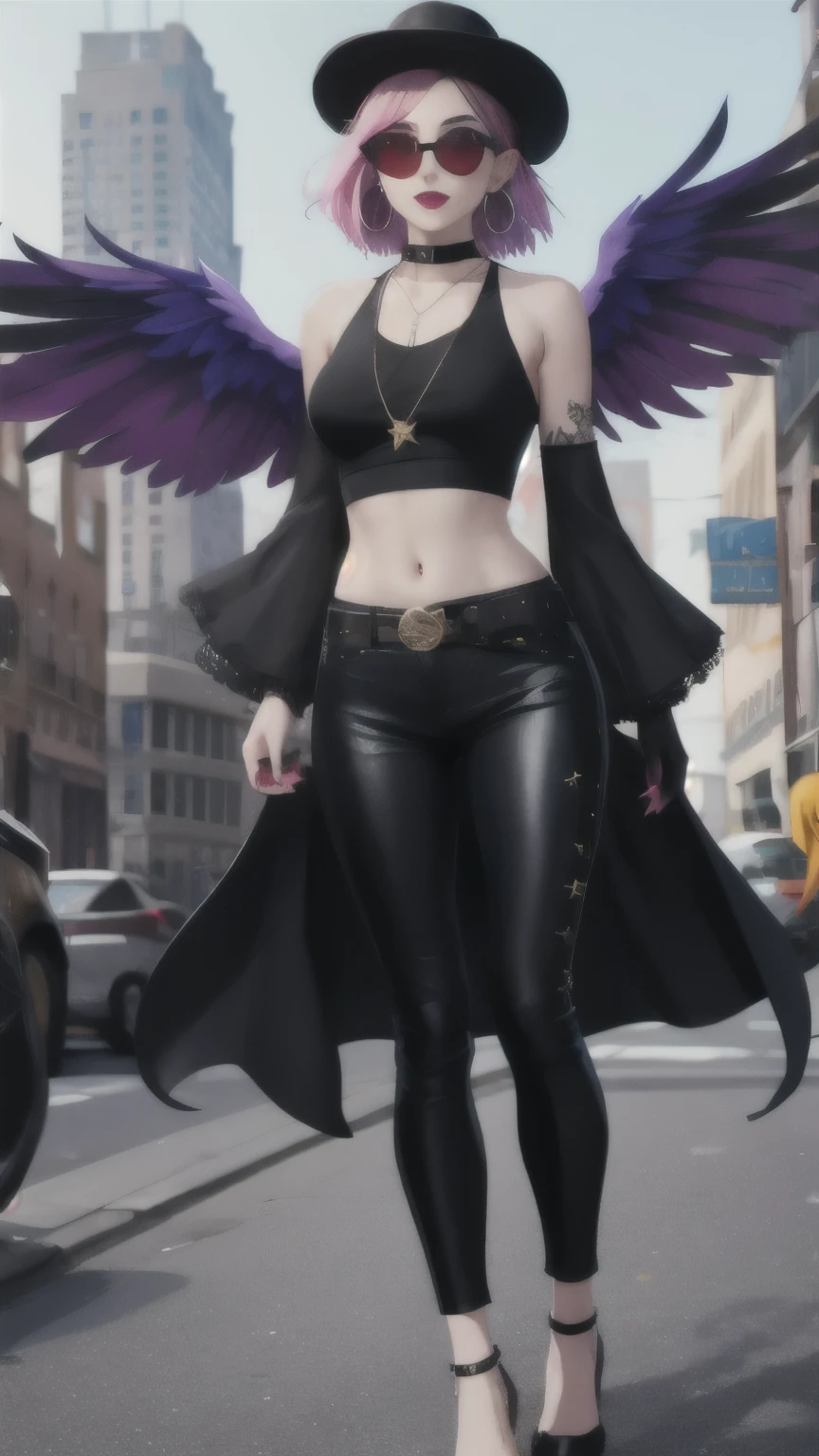 (masterpiece, best quality:1.2), 1girl, solo, city background, haze \(fortnite\), Harpy Haze From fortnite, 1girl, earrings, glasses, hat, jewelry, lips, long hair, looking at viewer, makeup, nail polish, pink eyes, pink hair, pink nails, smile, sunglasses, tinted eyewear, belt, black pants, crop top, eyeshadow, midriff, navel, pants, choker, fingernails, round eyewear, sharp fingernails, standing, black feathers, black headwear, hoop earrings, horned headwear, horns, denim, winged arms, feather trim, star \(symbol\), elbow gloves, dark pink lips, feathers, heels, shoes, bangle, crop top overhang, feathered wings, multicolored hair, multicolored wings, fingerless gloves, high heels, shirt, long fingernails, boater hat, bootcut pants, leather pants, sleeves, black sleeves, 