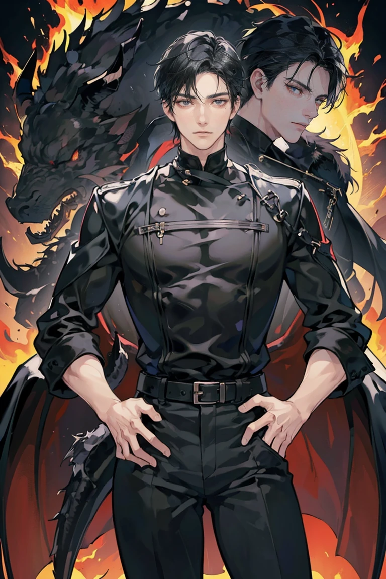 anime - (masterpiece), best quality, seductive eyes, mature face, black eyes, short slicked back black haircut, plain black t shirt, black leather jacket, black pants, tall man, long legs, masculine, broad shoulders, adult-like, full body, hands on hips, bad boy, the background is a burning tower with dragons 