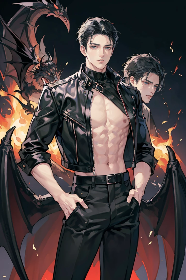 Girl, knight, masculine appearance, short haircut, black hair, highly leoalized, detailed face, detailed hands, detailed body, dragon wings, masterpiece, high art, dragon horns, extraordinary scene