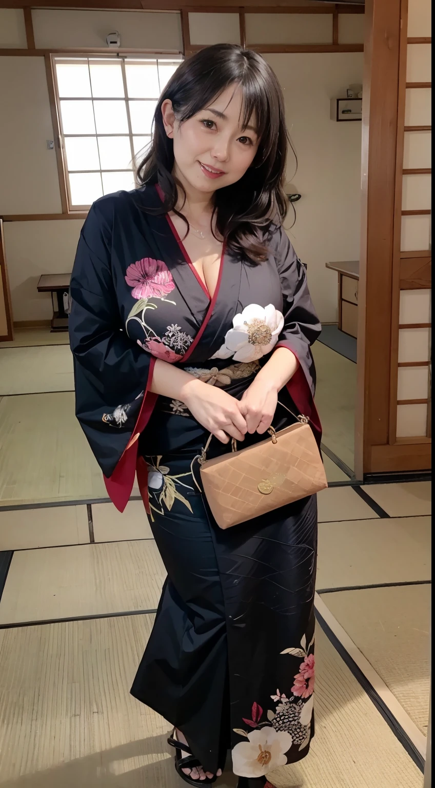  A MILF、Big breasts big breasts、A 45-year-old woman named Misaki, wearing a traditional Japanese kimono in blak colors. She has long black hair tied up. She is in a traditional Japanese house with sliding doors and tatami mats.