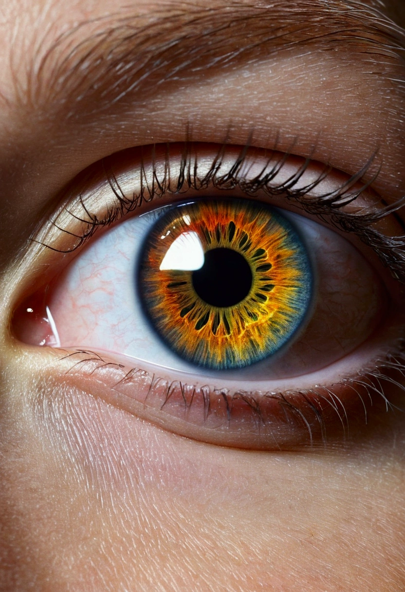 A laser beam shoots out from the pupil of the eye,Macro super realism,The retinal structure is clear,Psychedelic Rock